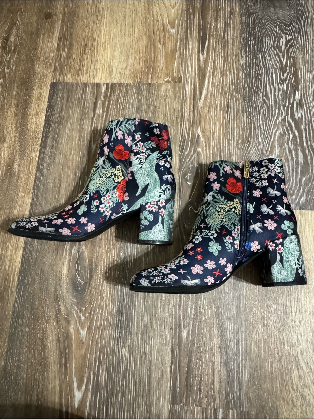 Indigo Navy Floral Embroidered Ankle Boots